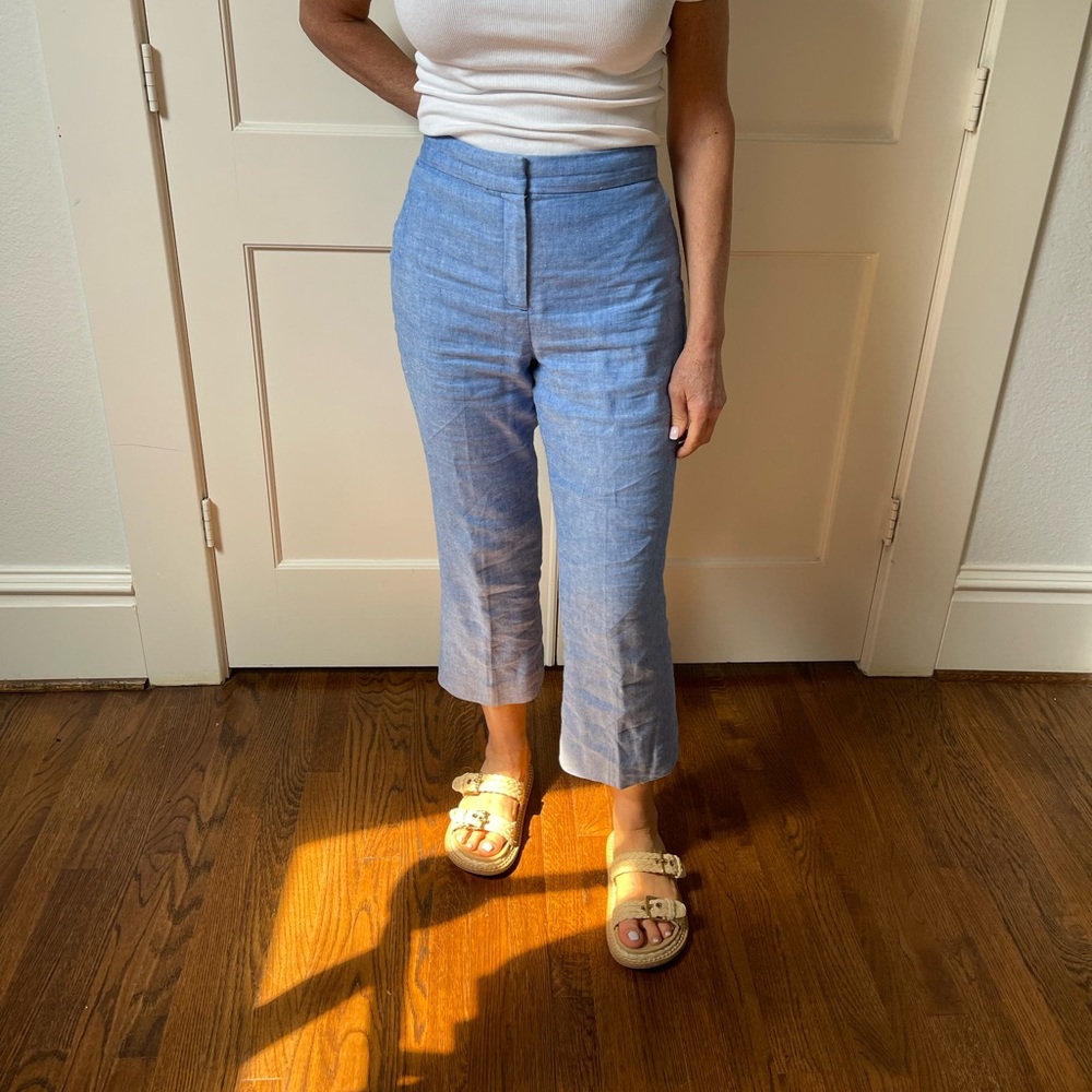 J Crew Size 10 Hayden Stretch linen kick out crop pant in Blue, lined